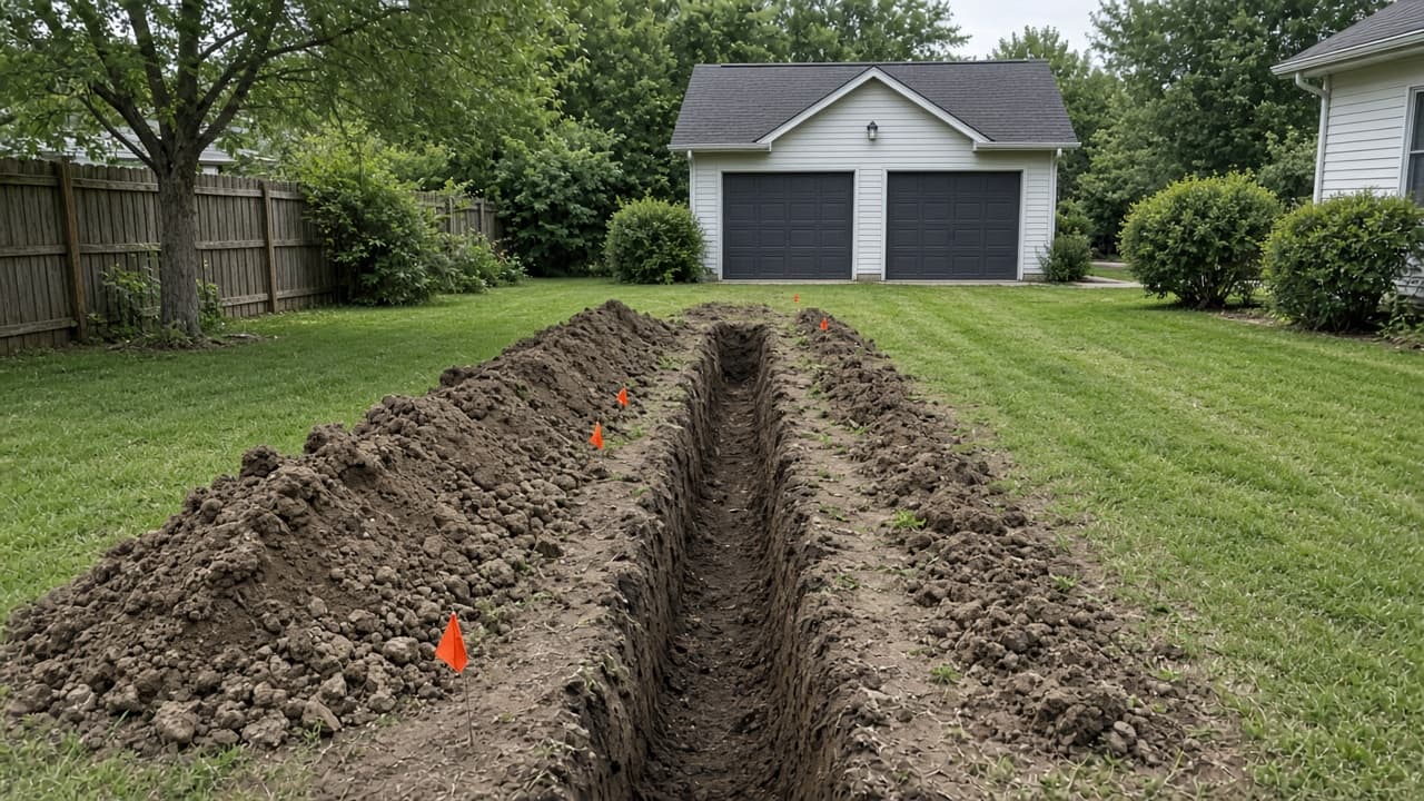 Open trench across a backyard