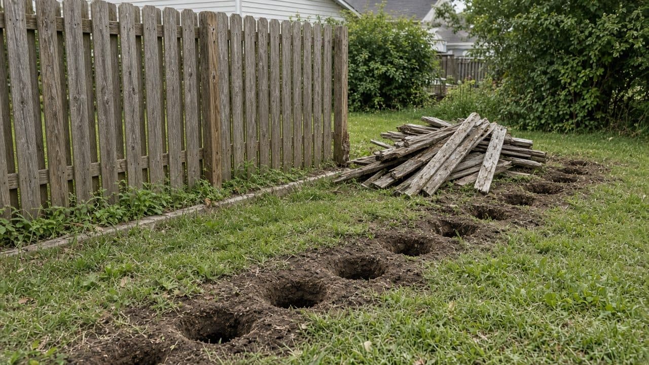 Old fence removed with new post holes