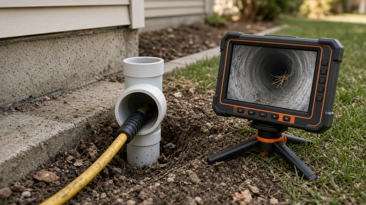 Sewer drain camera cable at a residential PVC cleanout with a portable monitor showing the live pipe view