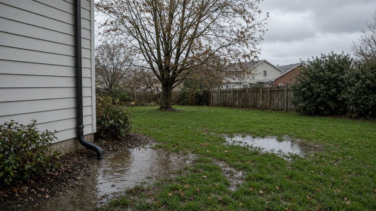Standing water in a backyard after rain