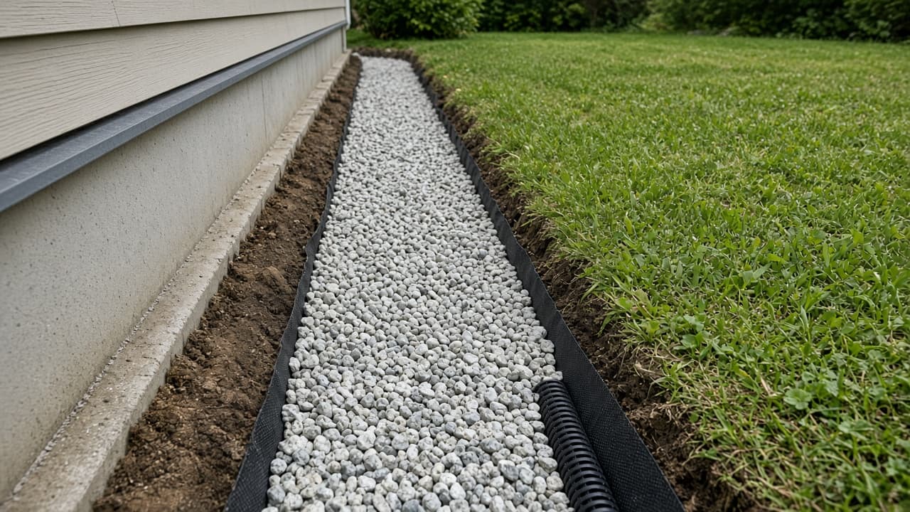 French drain trench with gravel in a yard