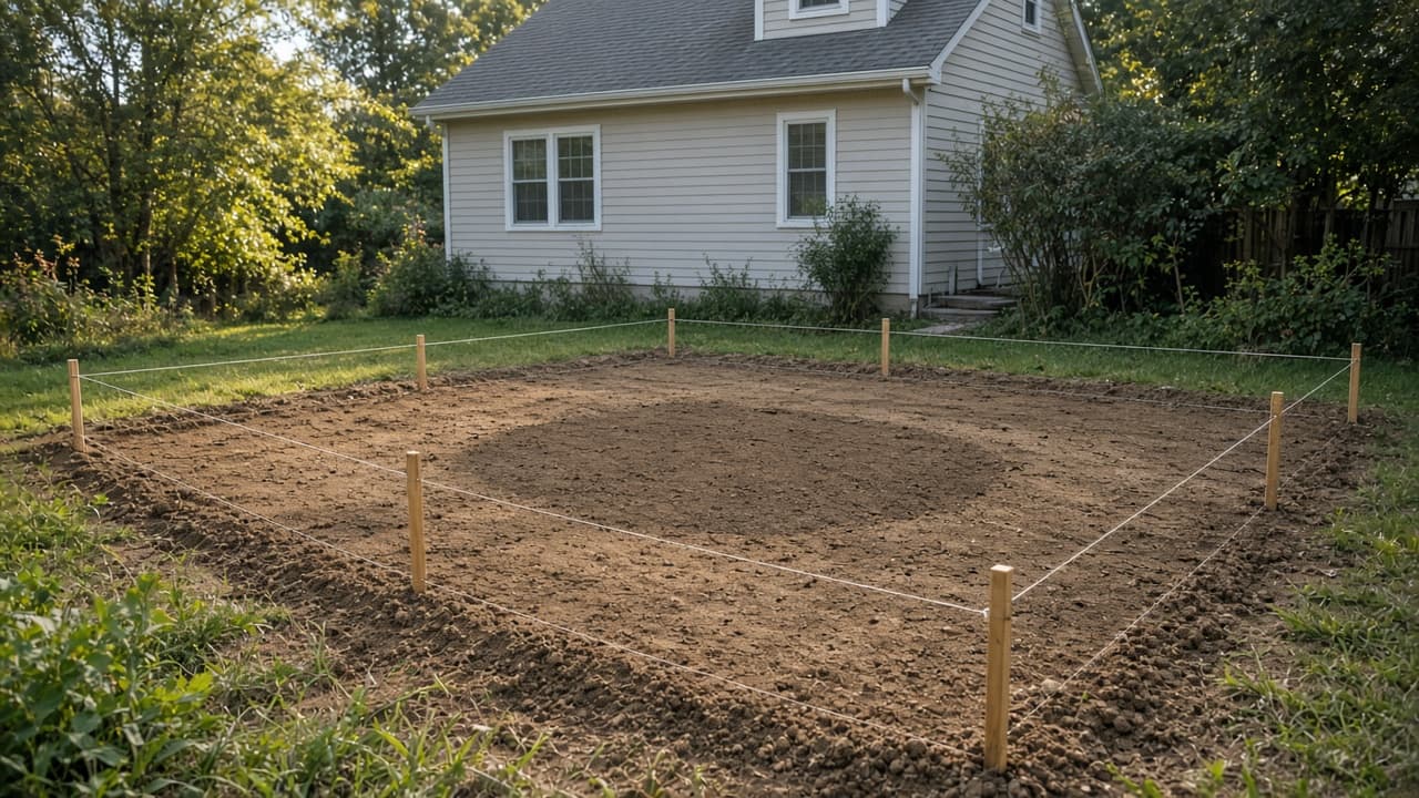 Leveled site with stakes ready for a shed