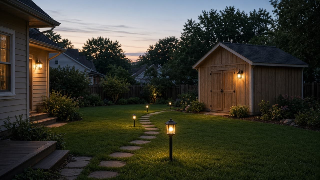 Backyard shed and lamp post at dusk