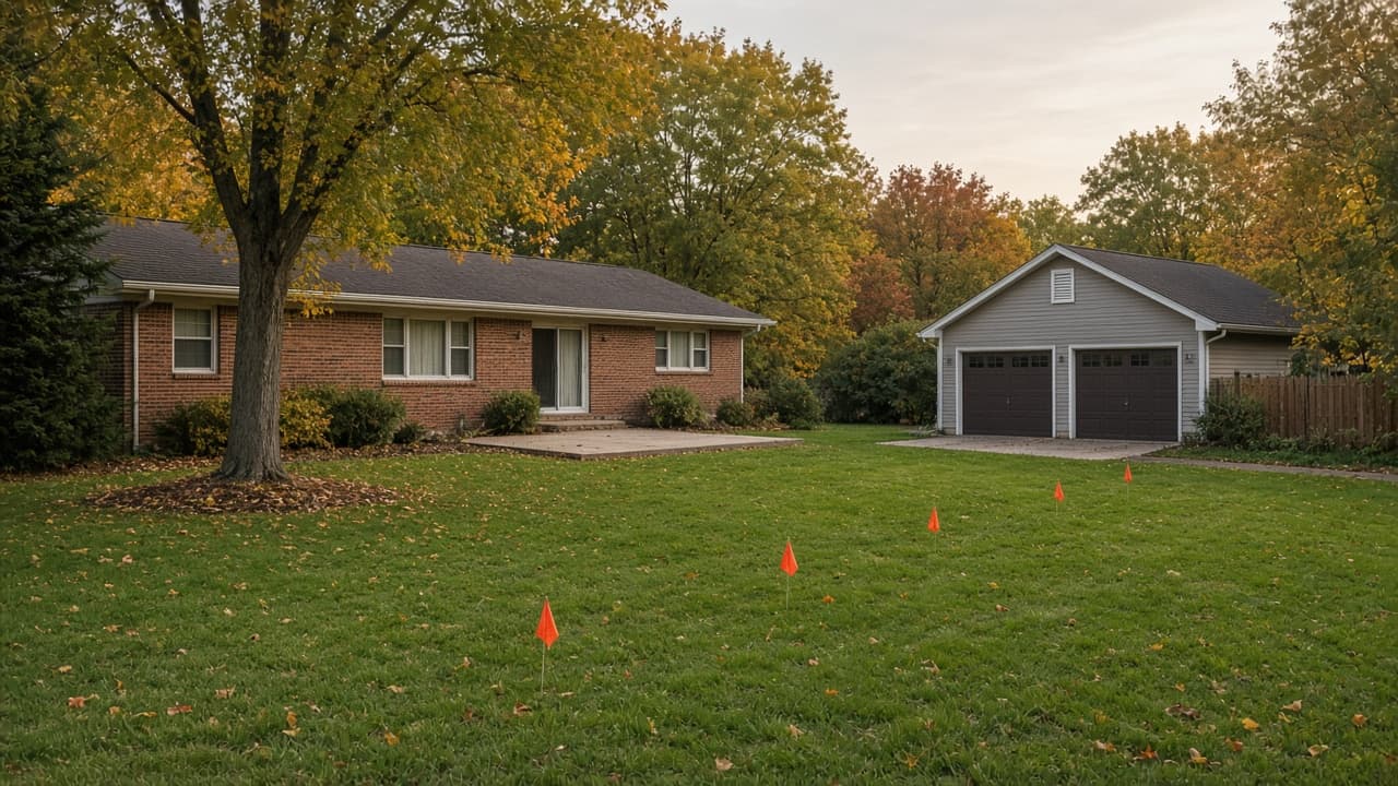 Backyard with orange marking flags leading to a garage