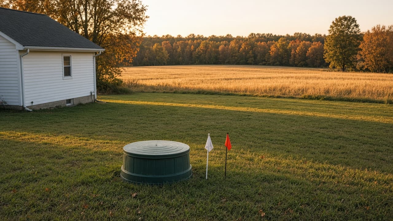 Rural yard with a septic riser lid