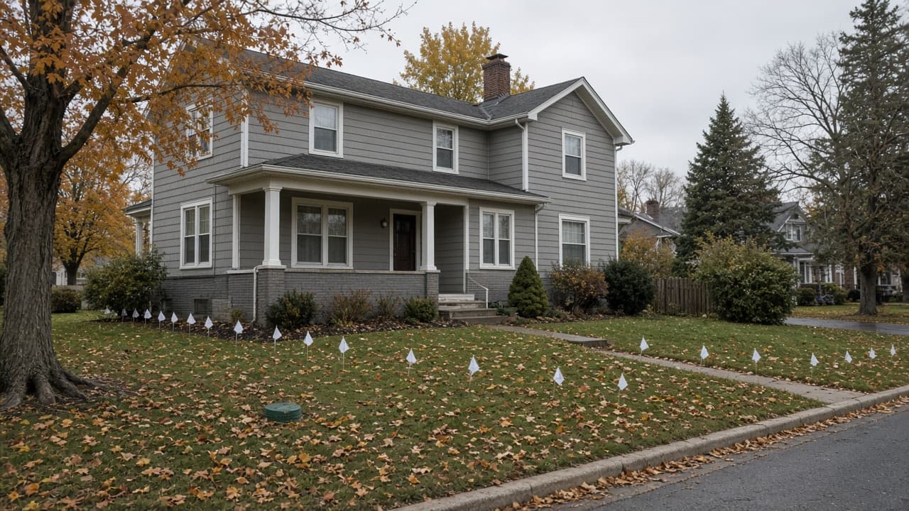Front yard with white marking flags toward the street