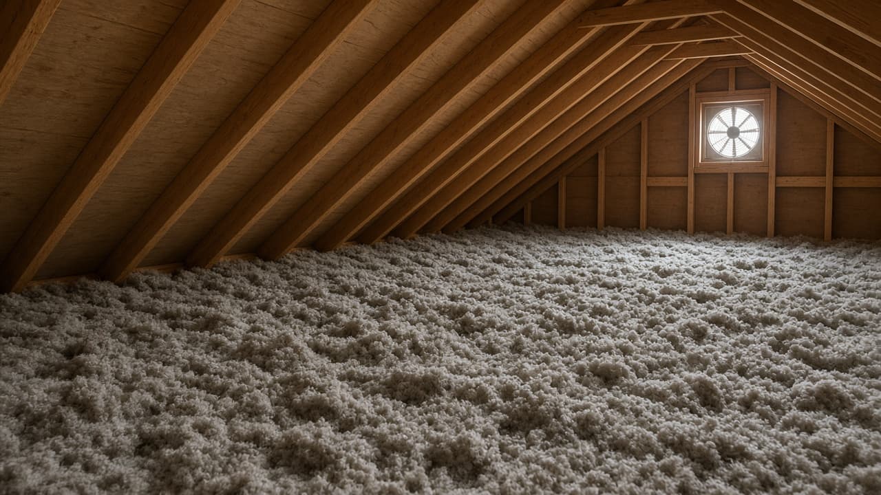 Attic with blown-in insulation
