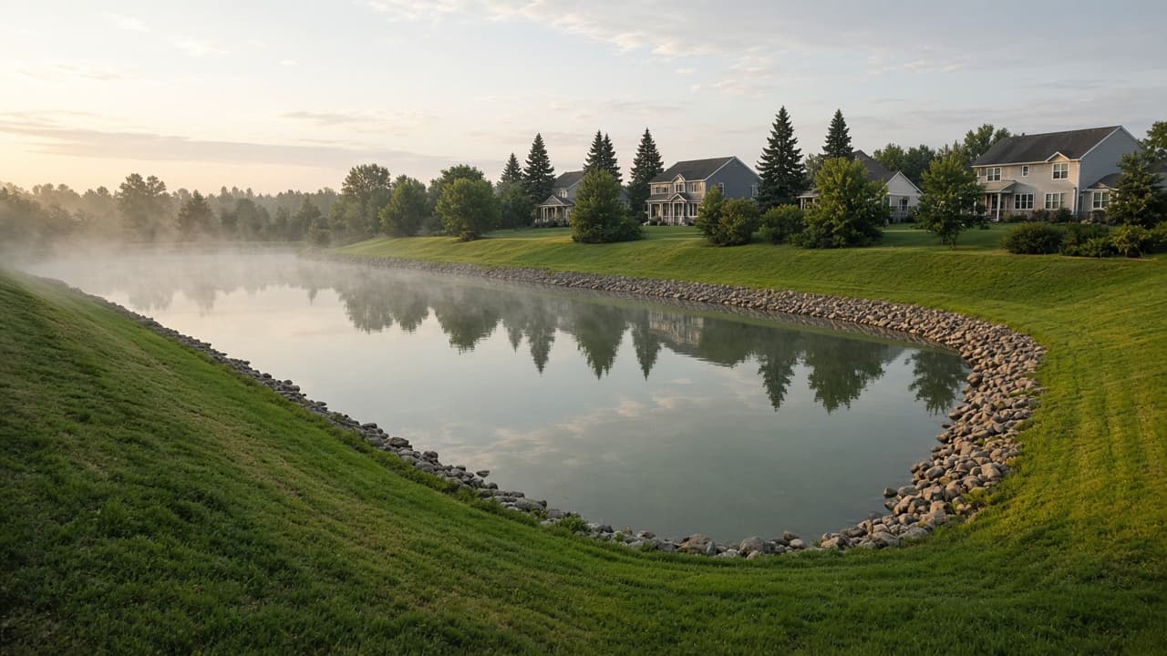 Retention pond with grassy banks