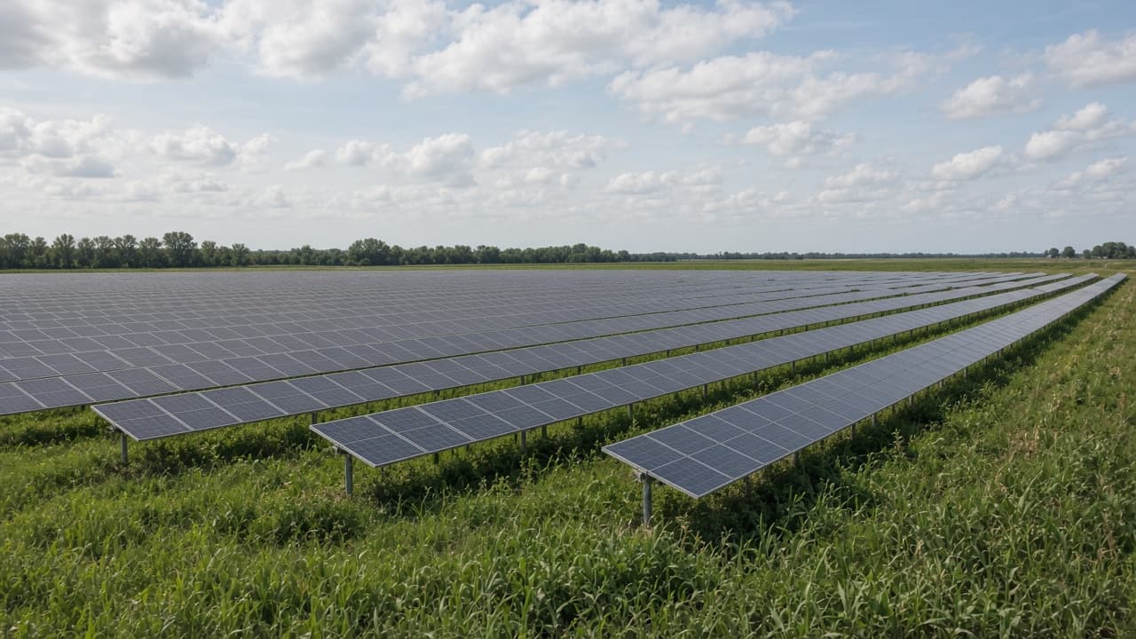 Rows of solar panels on grass