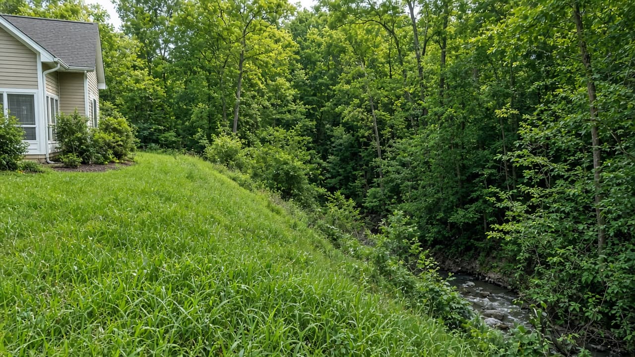 Steep grassy hill behind a house
