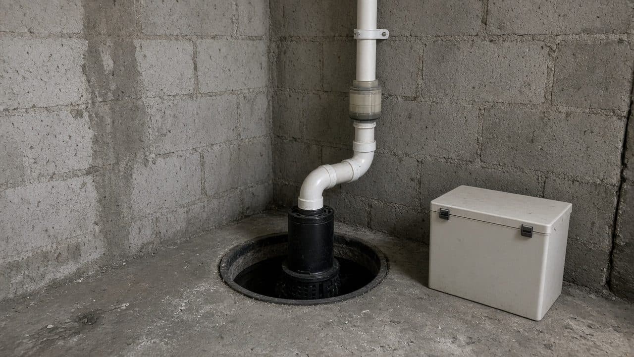 Sump pump and battery box in a basement